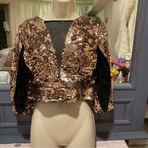 Gabrielle Union/New York Co. Sequin Gold Top Deep V Mesh Dolman Sleeve Size M